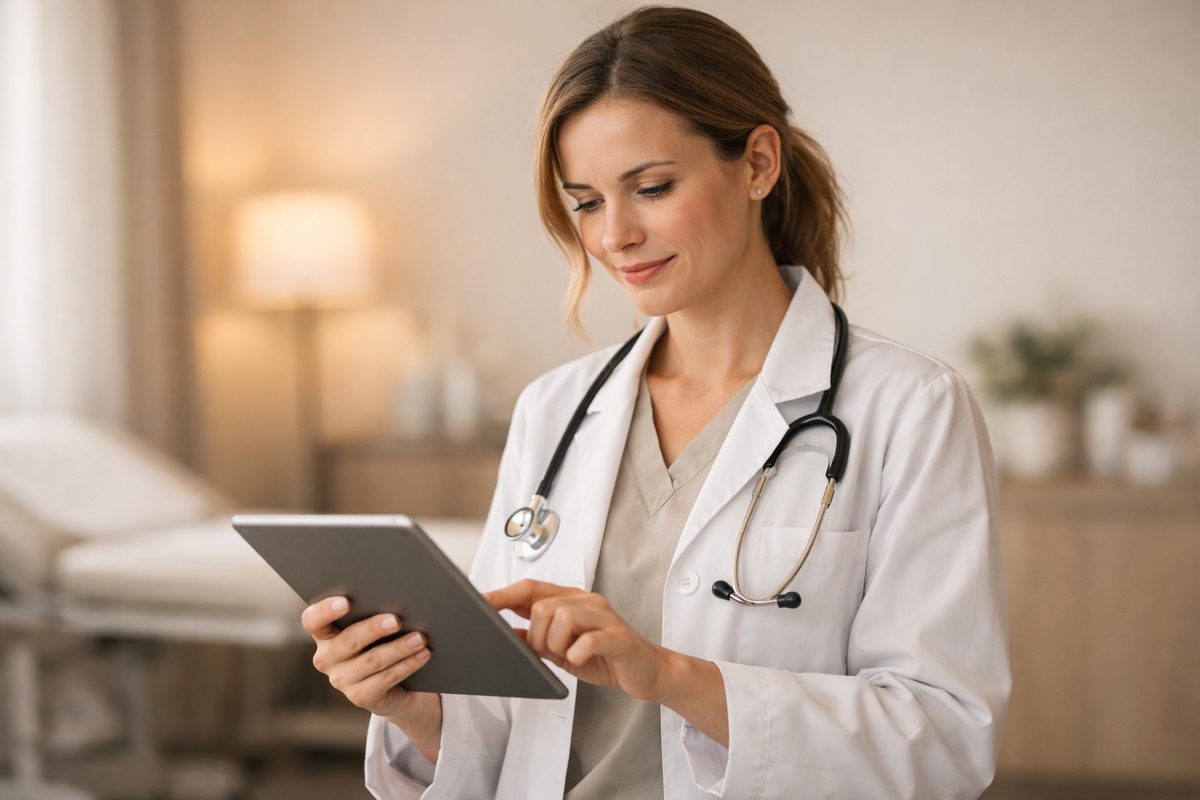 Zorgprofessional met tablet in klinische setting