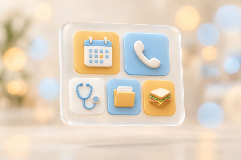 Tablet met tegels voor agenda, telefoon, stethoscoop, dossiers en broodjes