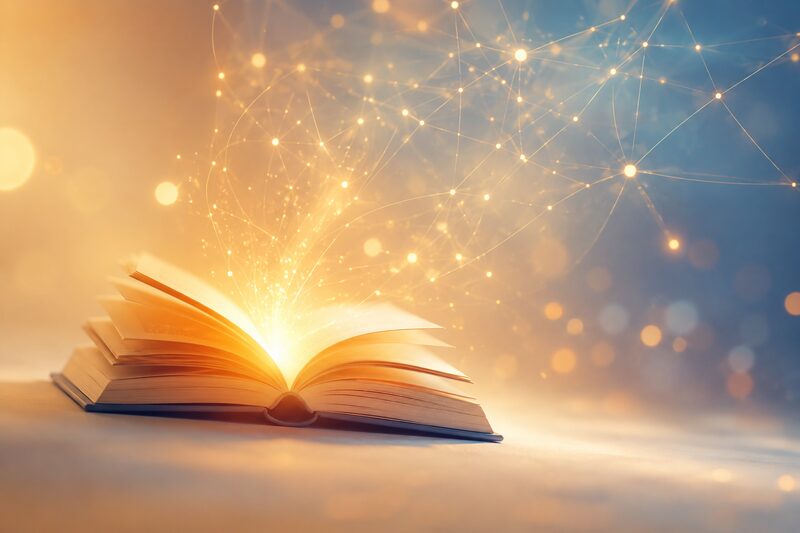 Open boek in gouden licht met oplichtende verbindingen