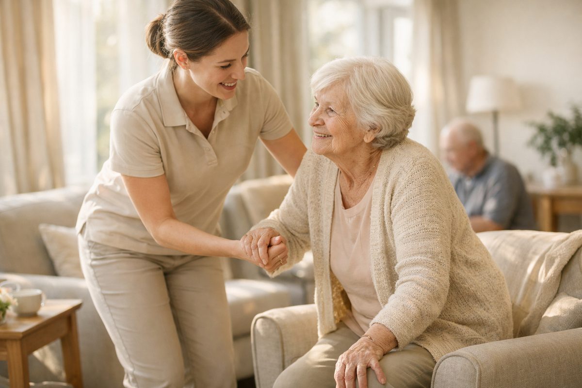 Zorgverlener ondersteunt bewoner in woonzorgcentrum